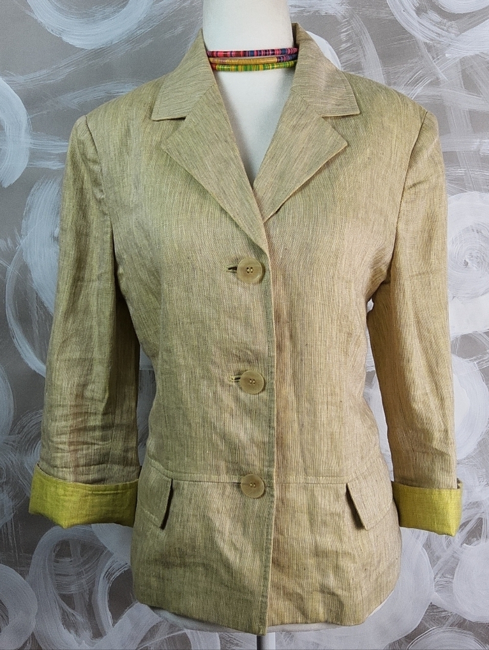 Kasper Light Tan Linen-Blend Blazer with Green Cuff Detail.